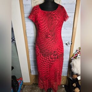 Vtg 90's Red Black Psychedelic Print Sheer Short Sleeve Midi Dress